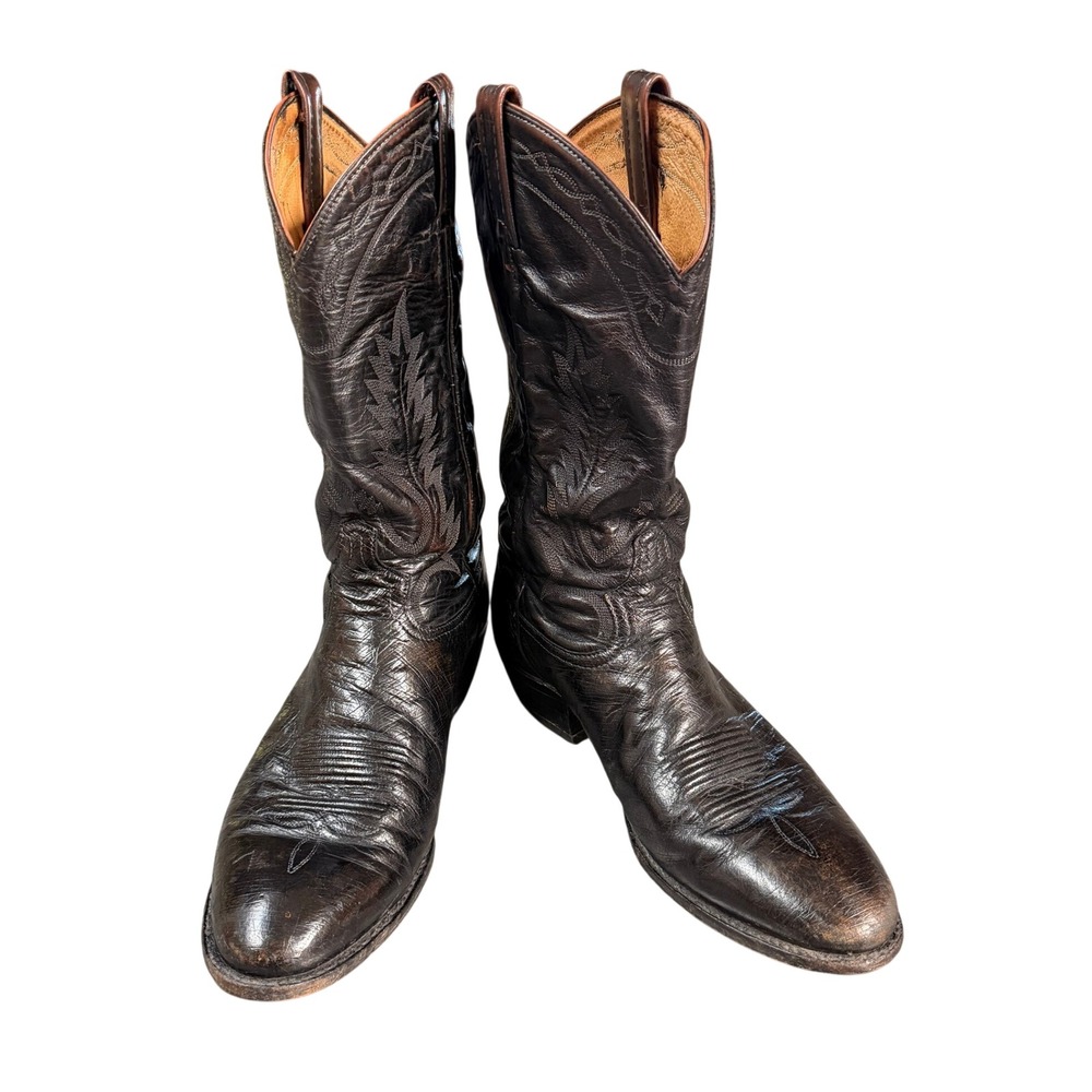 Vintage Tony Lama Cowboy Boots Mens 10.5 D Black Leather Western Embroidered